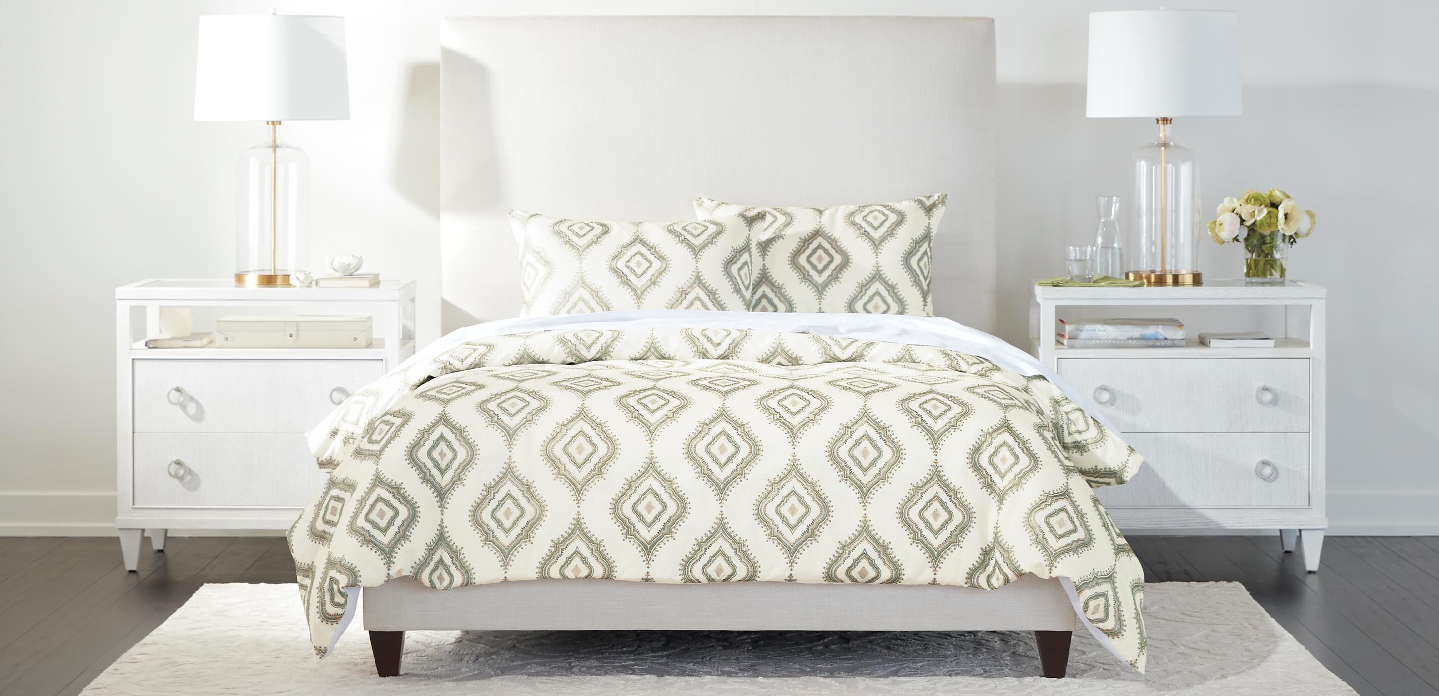 White & Green Embroidered Duvet Cover and Shams Set