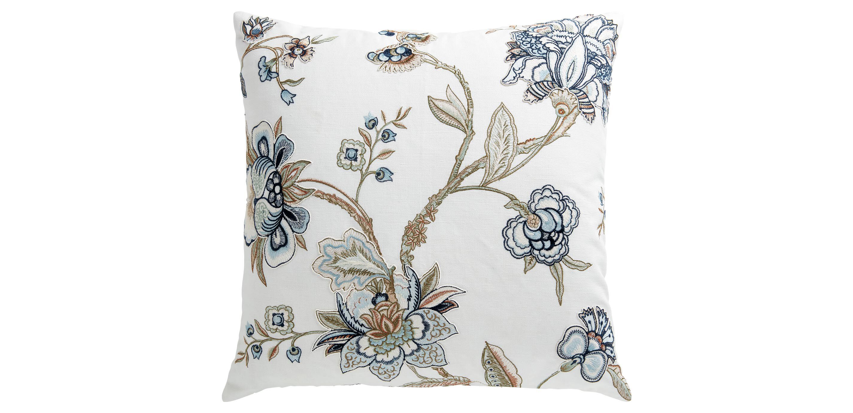 Blue & Taupe Iris Embroidered Square Pillow