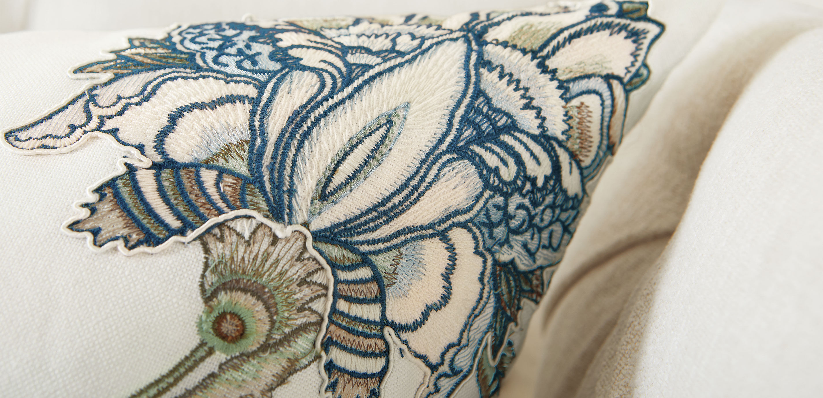 Blue & Taupe Iris Embroidered Square Pillow_2