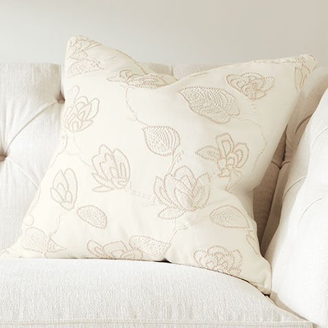 Linen-Blend Floral Embroidered Square Pillow, White Product Tile Hover Image 062407