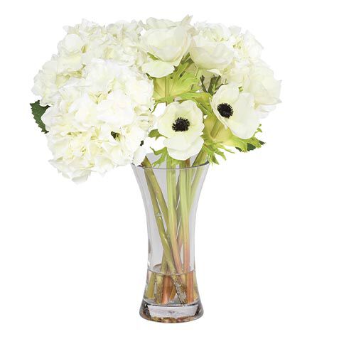 White Hydrangea and Anemone Bouquet in Hourglass Vase image 443796   WHT