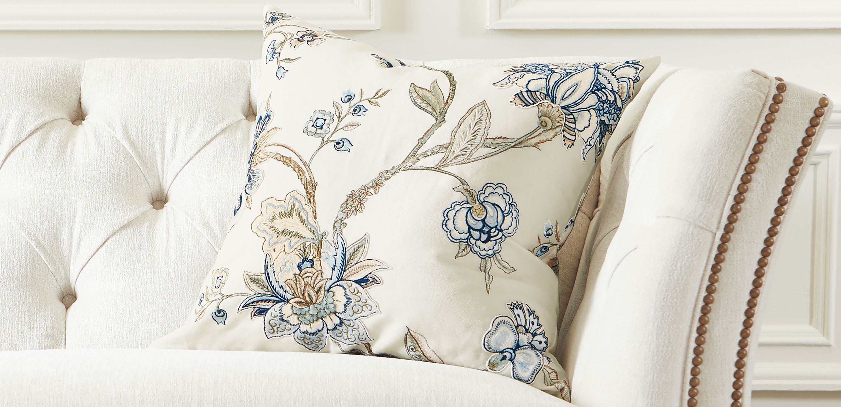 Blue & Taupe Iris Embroidered Square Pillow_1
