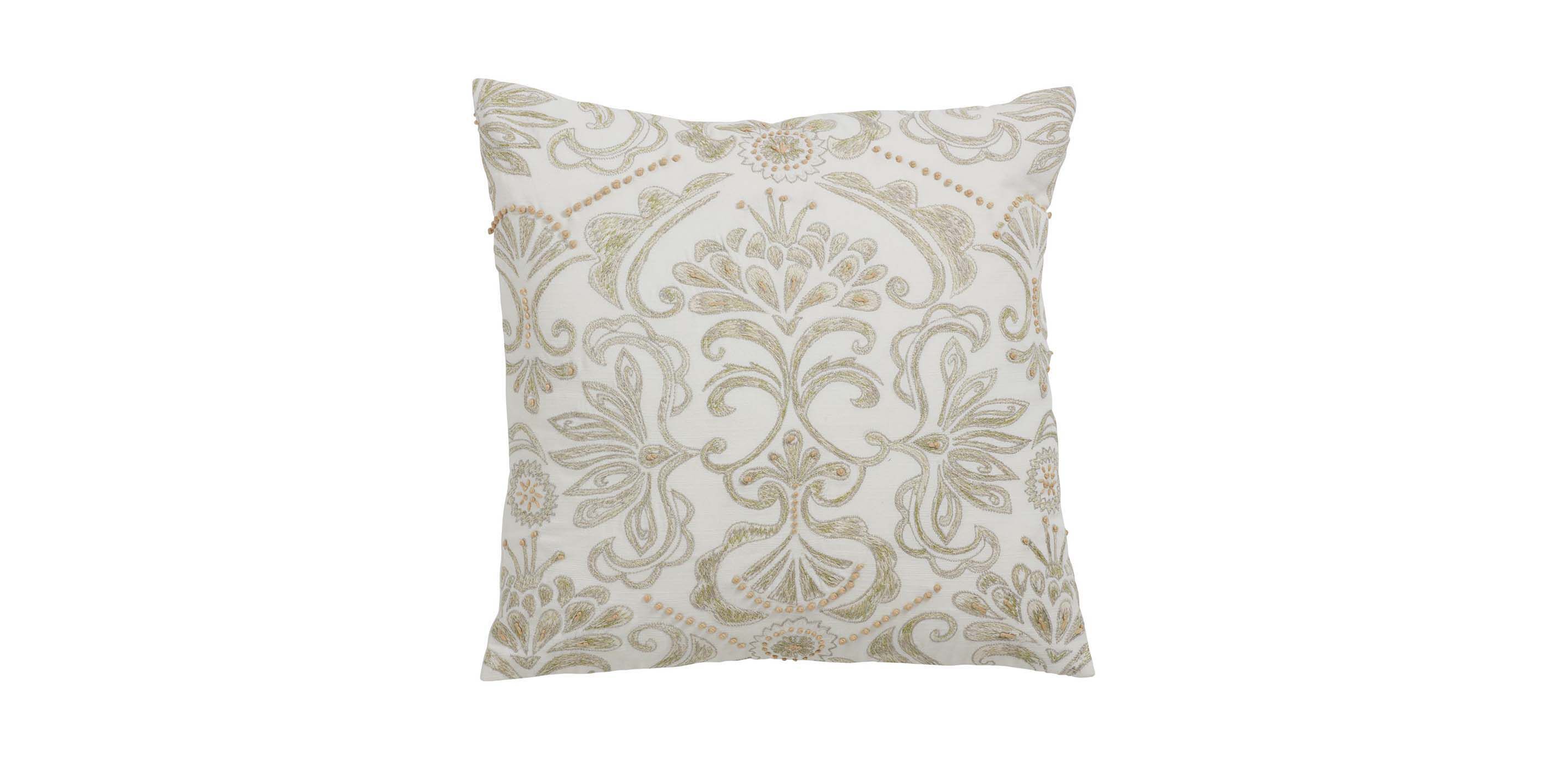 White and Green Embroidered Damask Pillow